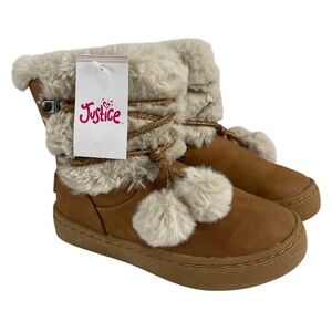 Justice Girls Faux Leather & Faux Fur Pompom Boots Size 1 NWT